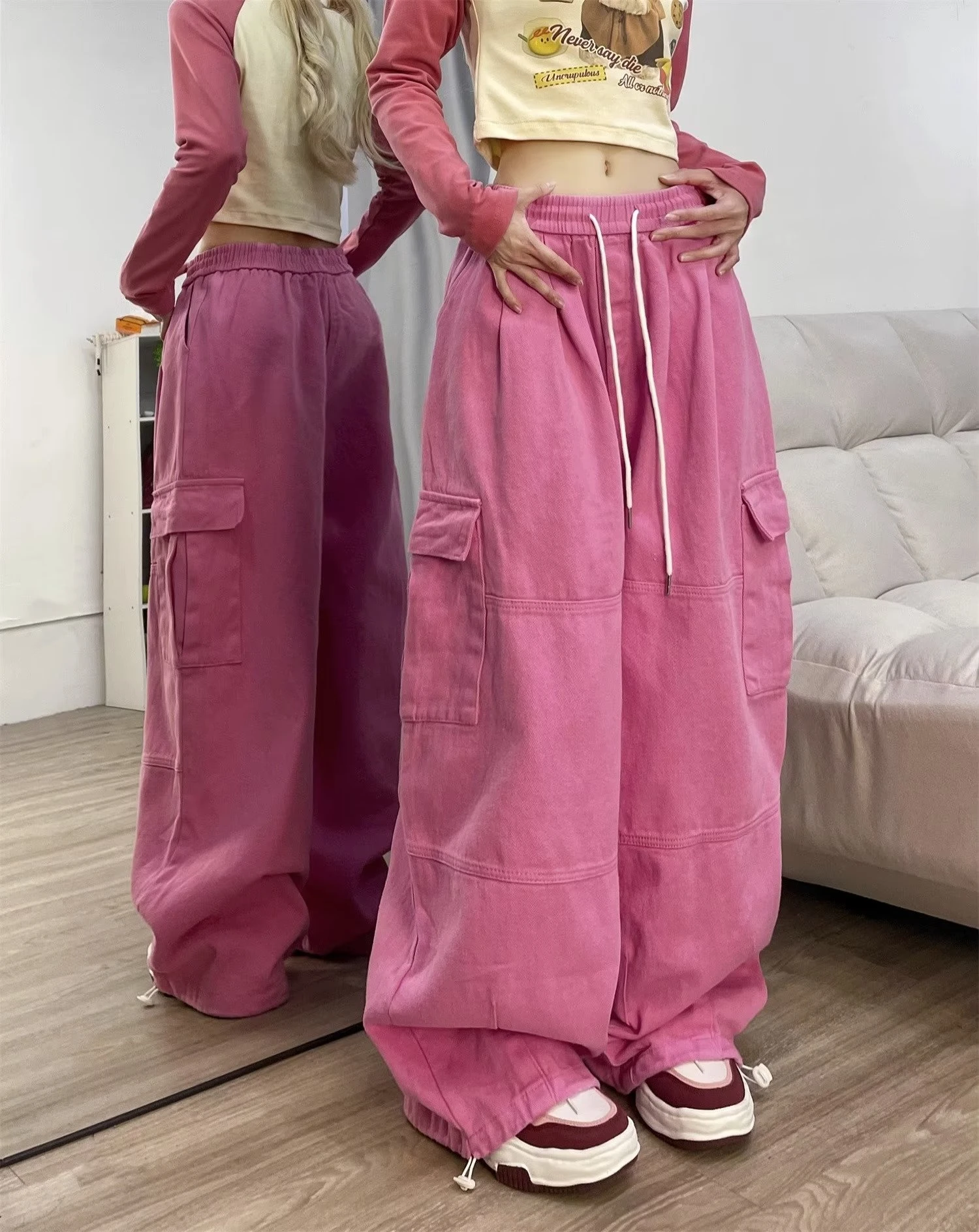 Cargo Pants Women Solid Color Japanese Loose Thin Straight Wide-leg High Waist Trousers High Street Basics Casual Pants Female