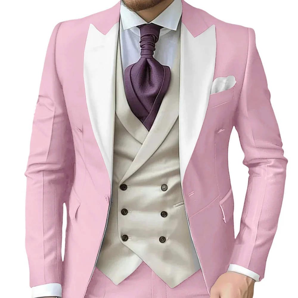 Fashionable Contrast Color Men's Suits 3 Pieces Jacket Vest Pants Dancing Sets Handsome Peak  Lapel Suit Set For Men Party Wear