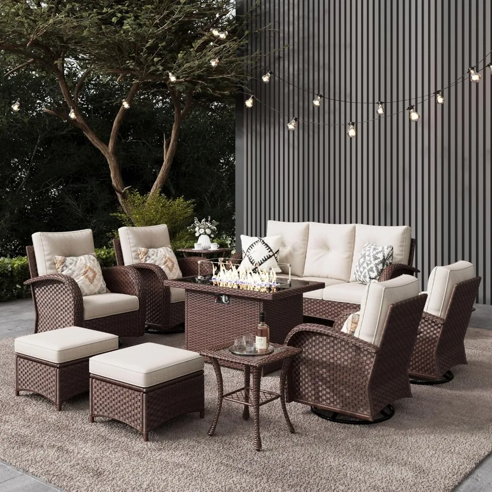 10 Pieces Outdoor Patio Furniture Set with Fire Pit Table, Rattan Wicker Sectional Swivel Rocker Chairs Sets