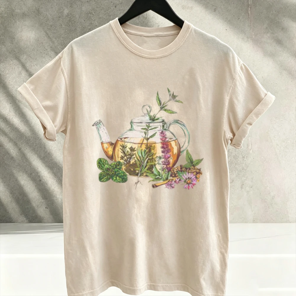 Botanical Teapot Herbs Shirt Flowers Glass Teapot Mint Lavender Daisy Crew Neck Short Sleeve Relaxed Fit T-Shirt Cottagecore Tee