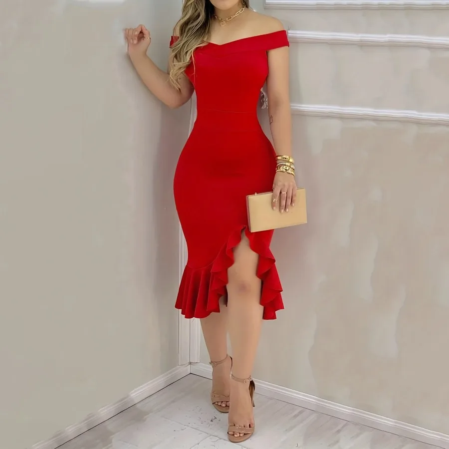 

【New style】[Women's clothing] Women's sexy slimming bags for casual vacation solid color lotus leaf dress