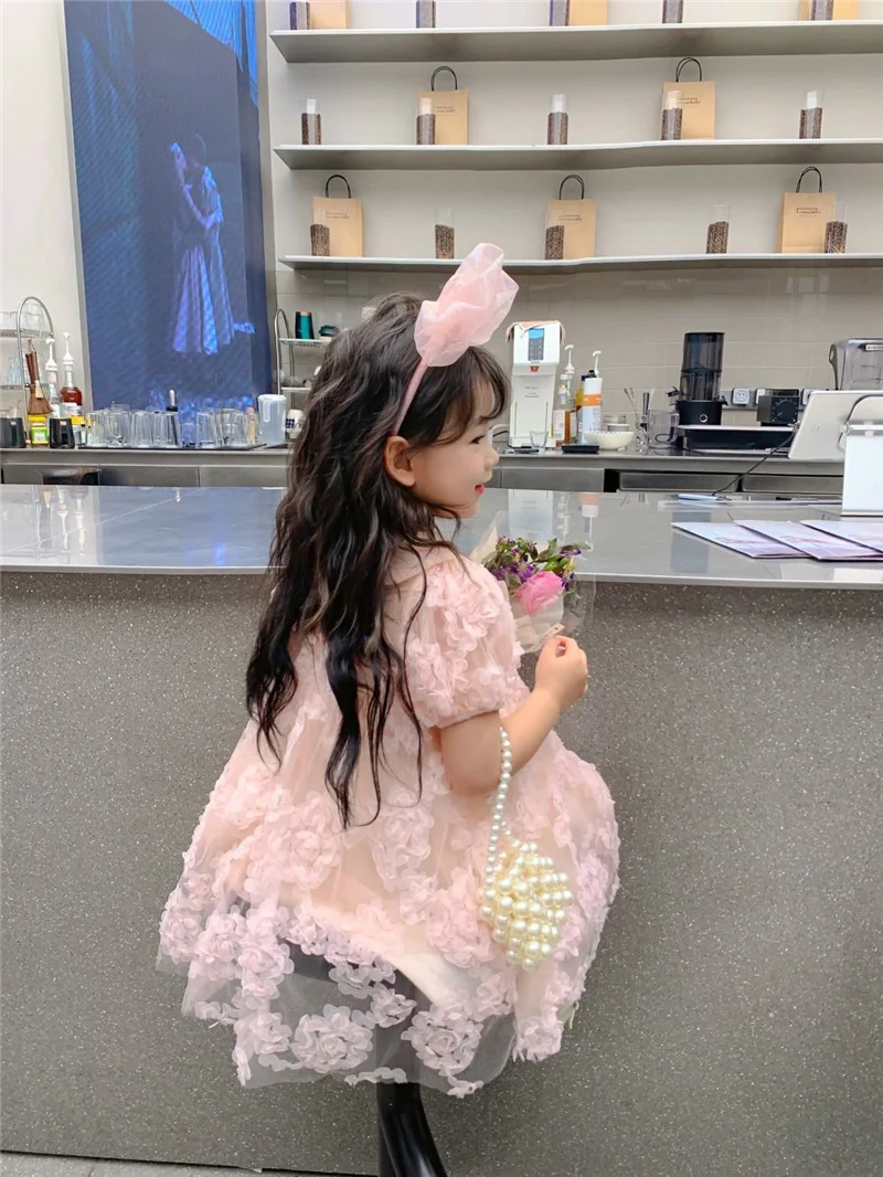 Baby Girls 3D Flowers Dress Summer Beaded Collar Princess Dress Fashion Kids Birthday Party Gown Children Clothes Vestidos 2-8 Y 3