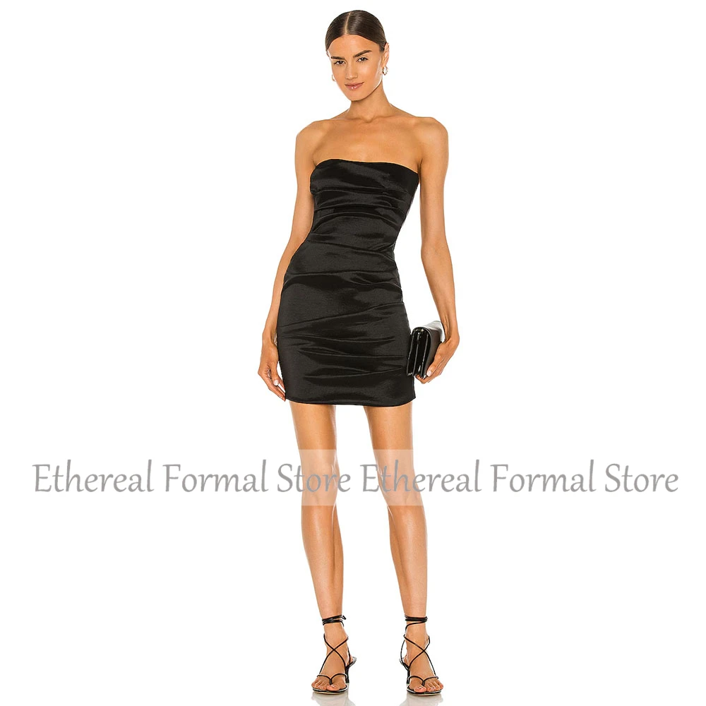 Black Satin Mini Short Party Dress Mermaid Cocktail Dress With Detachable Bow Prom Gown Pleat Strapless Homecoming Dress