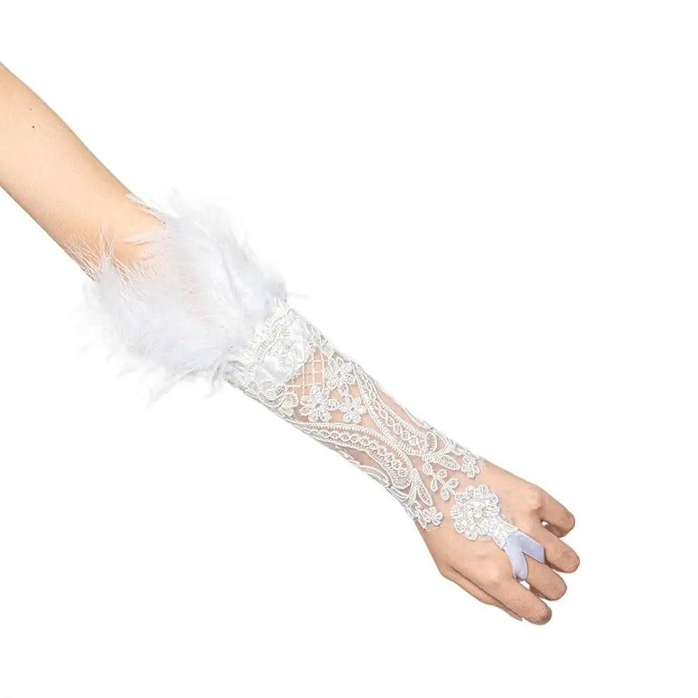 Retro Gothic Feather Gloves For Women Lace Wrist Cuffs Cosplay Stage Showgirl Party Dance Chain Fashion Bracelets Arm Chain