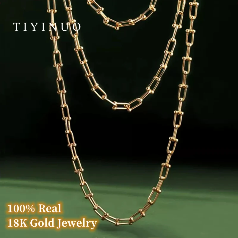 TIYINUO Authentic AU750 Real 18K Gold Horseshoe Buckle Chain Necklace Bracelet Precious Gift  Present For Woman Fine Jewelry