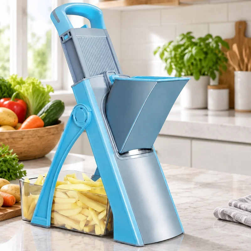 Sky Blue Vegetable Slicer for Kitchen Use, 4 Adjustable Cutting Modes Including Julienne and Dice, Designed with Safety Features