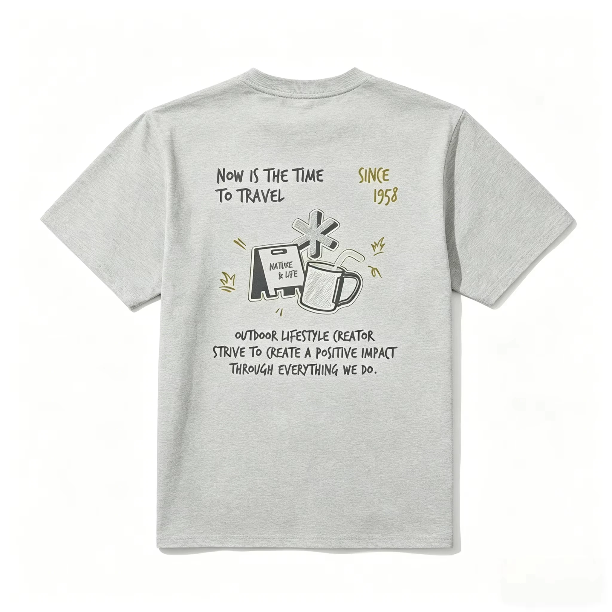 Outdoor Style Back Hand Drawn Print Cotton T-Shirt Men Women Loose Vintage Crew Neck Casual Short Sleeve Top