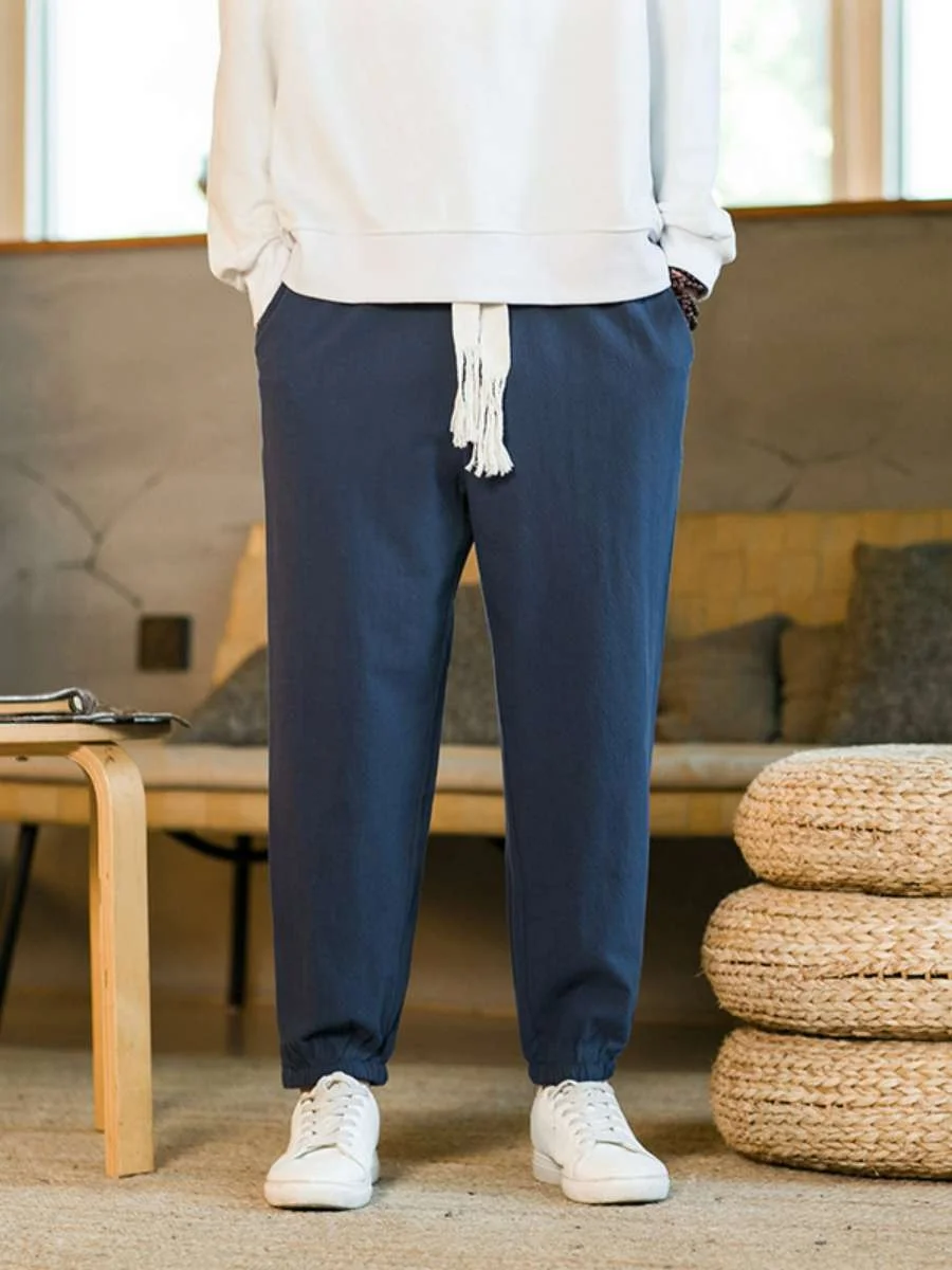 

Мужские повседневные брюки из хлопка и льна свободного кроя, весна-осень, с широким поясом, средней посадкой, удлиненные, утолщенные