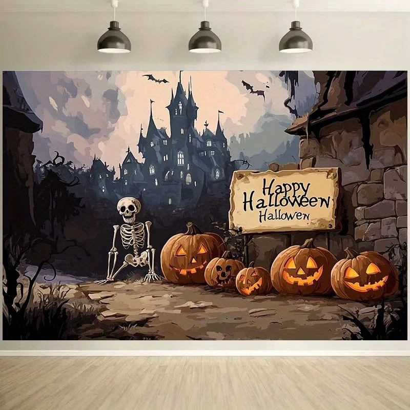 قطعة واحدة من خلفية الهالوين الهوائية مع بيت الأشباح والهيكل العظمي وديكورات اليقطين - احترافية