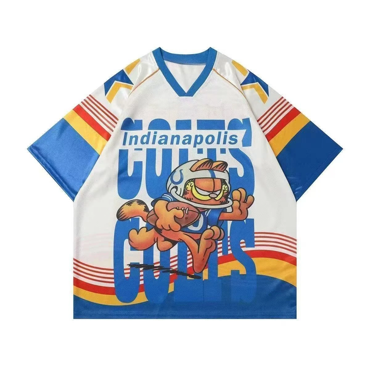 American Retro Cartoon Garfield Jersey Short-sleeved T-shirt for Men and Women, Loose 3D Printed V-neck Casual Top for Summer