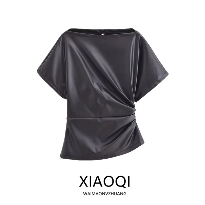 

Spring 2024 Women's Slim Fit Leather Top ort Sve One oulder Folded Decoration New Sle Versatile Faion ort irt