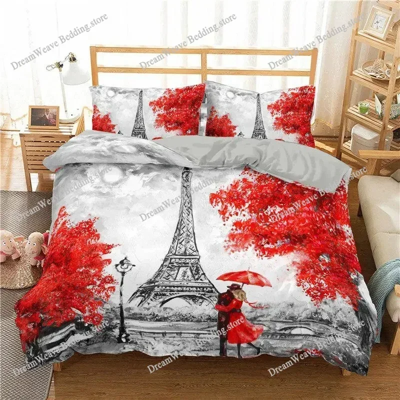 Eiffel Tower Duvet Cover Set King Polyester Eiffel Tower At Sunset Paris Theme Bedding Set Romantic France Quilt Cover for Adult