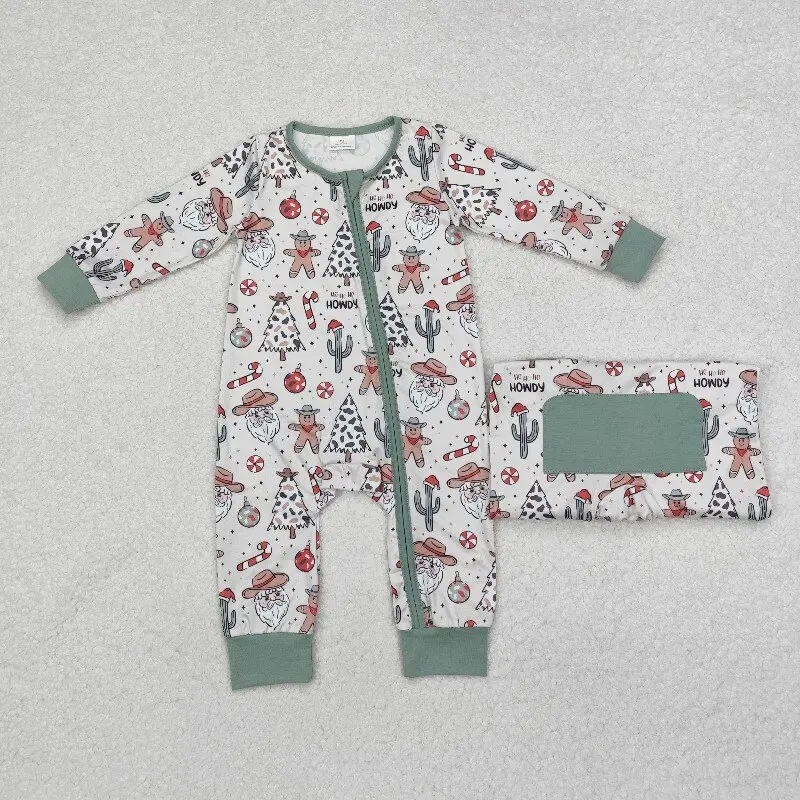 8.19y Boutique Baby Boys Romper with Cowboy Hat Santa Cactus Green Zipper Long Sleeve Onesie Wholesale Baby Clothing