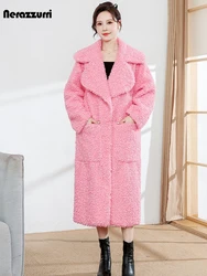 Nerazzurri Autumn Winter Long Oversized Soft Warm Pink Fuzzy Faux Fur Coat Women Pockets Loose Casual Sweet Fluffy Jacket 2023