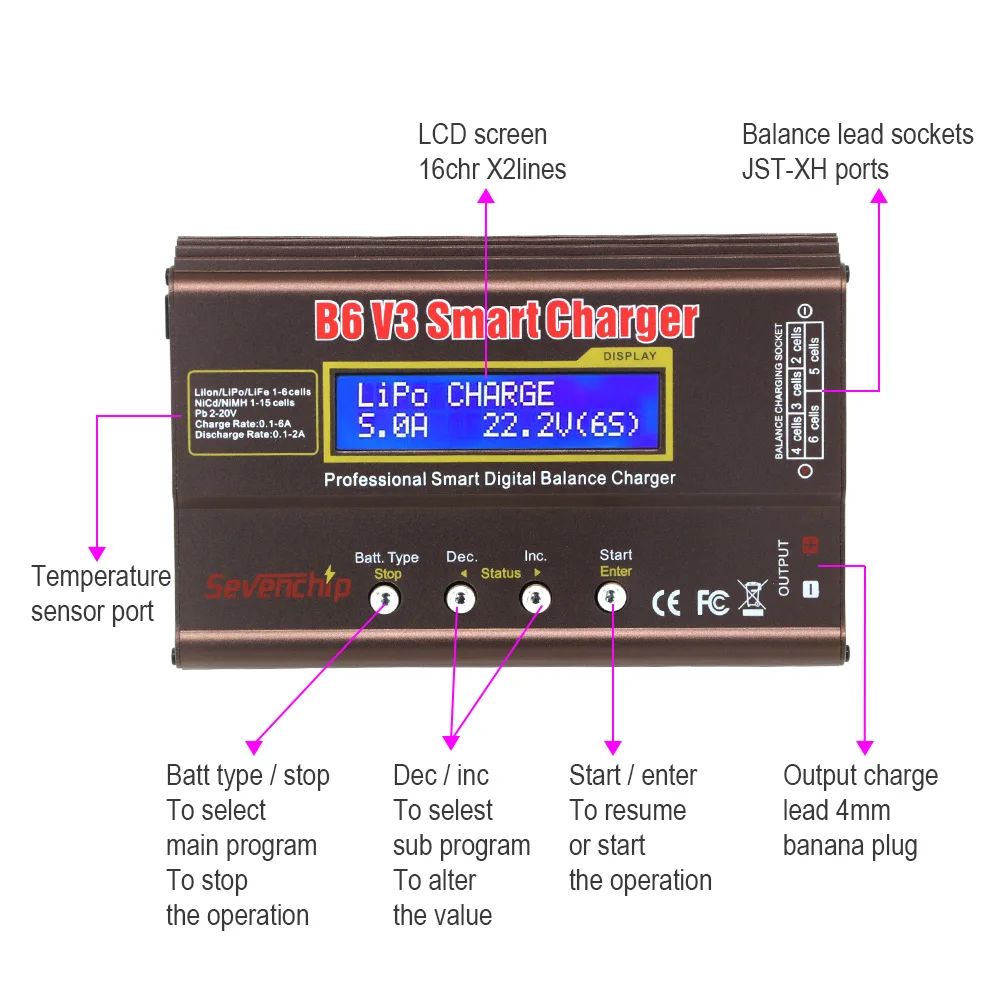 iMAX B6 V3 80W 6A Battery Charger LiHv Lipo NiMh Li-ion Ni-Cd Digital RC Charger Lipro Balance Charger Discharger 15V 6A Adapter