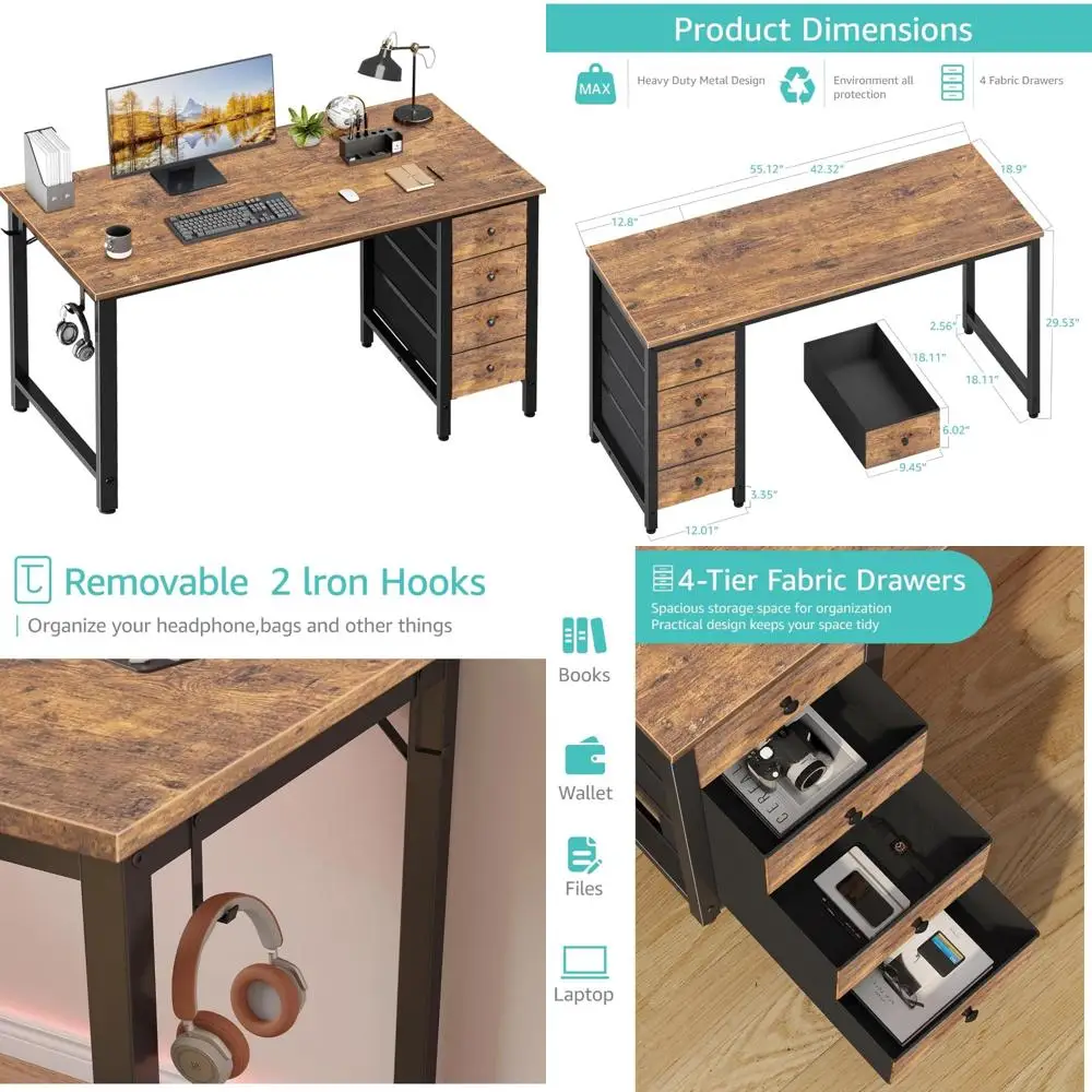 مكتب كمبيوتر بأدراج من القماش مقاس 55 بوصة - مكتب كتابة طويل للدراسة للمكتب المنزلي وغرفة النوم، تصميم بسيط قابل للعكس، مثالي للعمل #1