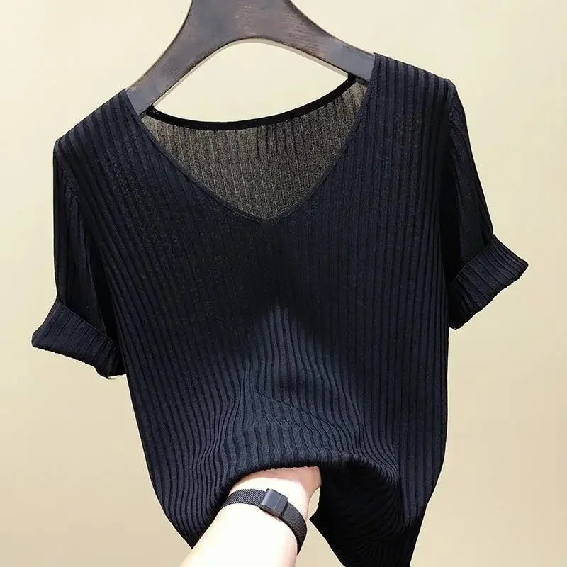 

Slim Fit Ice Silk Half Sleeve T-Shirt Women's Summer Thin Korean Style V-Neck Knitted Base Shirt Trendy Street Style Top