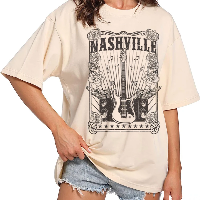 Women's Country Music Tee Shirt 70s Retro Nashville Concert T Shirts Oversized Guitar Printed T-Shirts Vintage Tennessee Tops