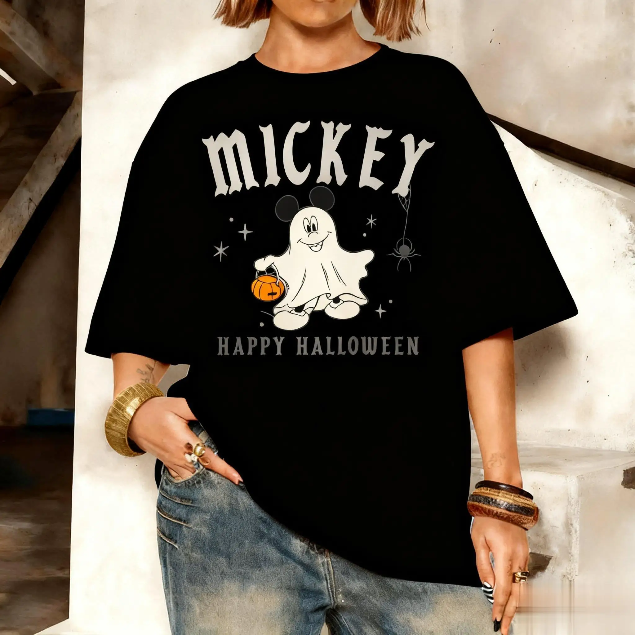 Mickey traje de halloween t camisa das mulheres dos homens 2025 outono solto streetwear oversized casual topo engraçado dos desenhos animados impressão disney presente ​ ​