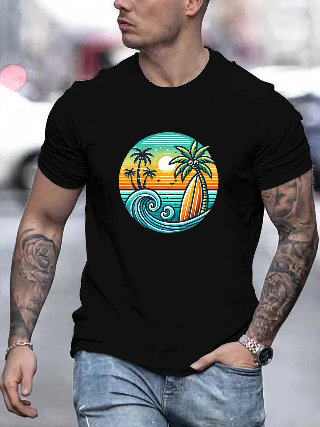 

Men's Pure Cotton Hawaiian Print Short Sleeve T-Shirt Regular Fit Tee for Summer Outdoor Activities Beachthemed Apparel