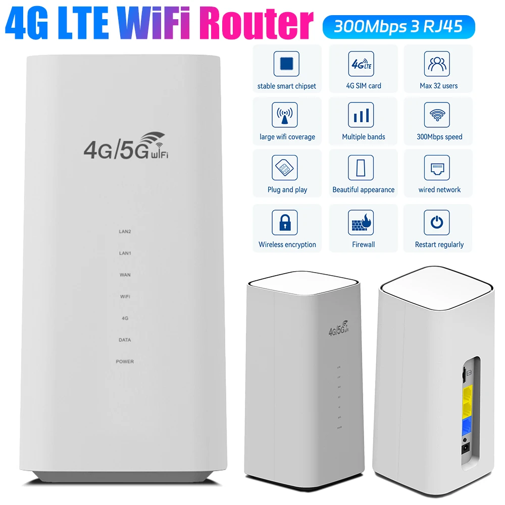 

300Mbps CPE 4G LTE WiFi Router 3 RJ45 with SIM Card Slot Wide Coverage Internal Antenna Modem for Indoor Outdoor 4G WiFi Router