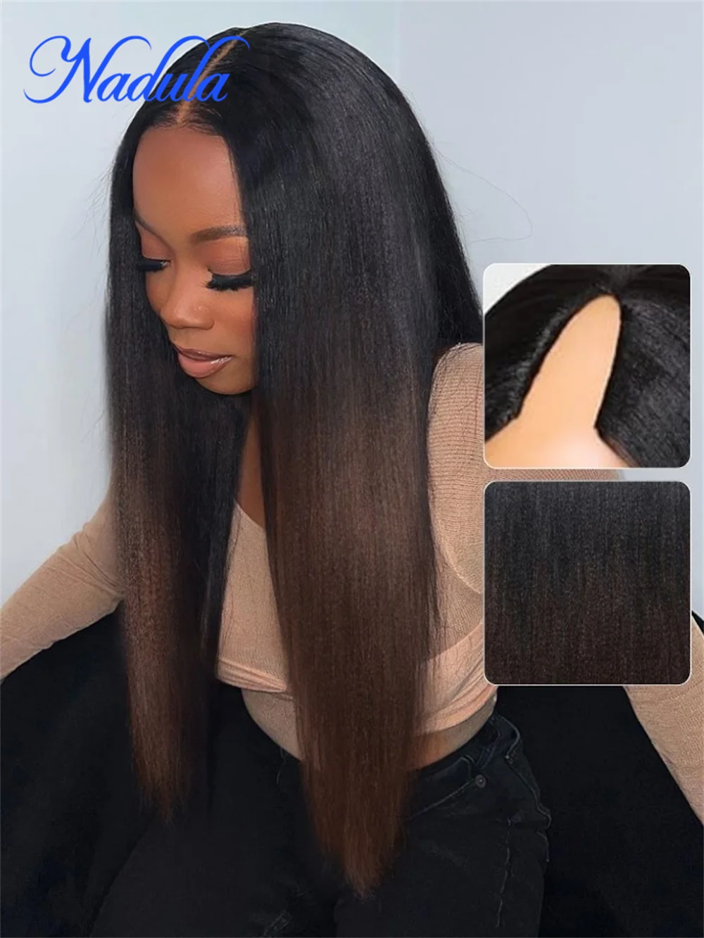 Nadula Hair EasiContour ™ Glueless Wig V Part Yaki Straight Chestnut Brown Ombre Color Lightweight Human Hair V Part Wigs