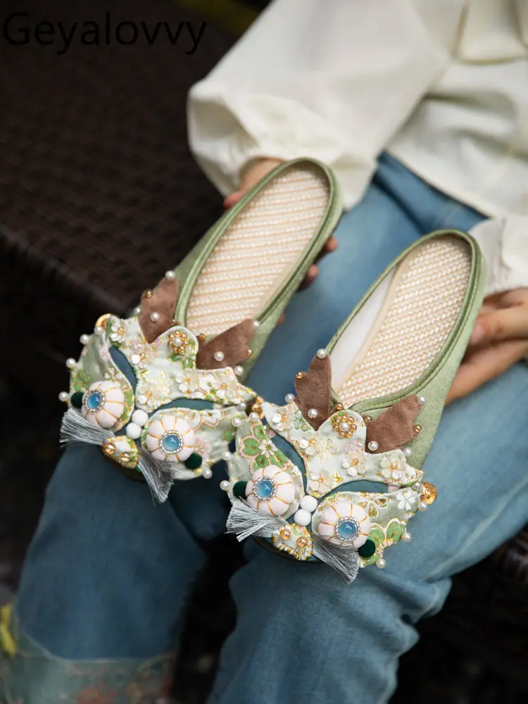 

Chinese Style Beaded Flats Women's Adult Spring and Summer Retroflats Toe-cap Half Slippers Elegant Casual Cloth Shoes