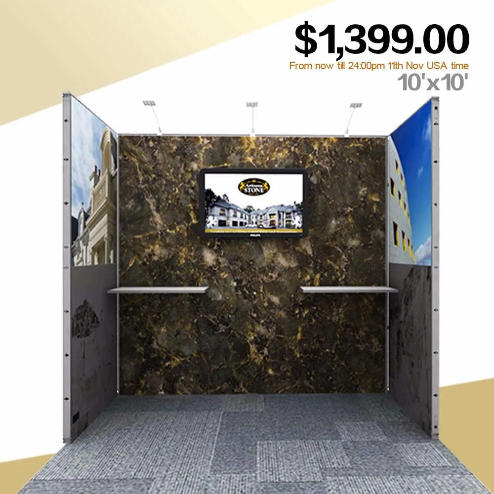 Cabine de exposição modular de tecido reutilizável com gráfico