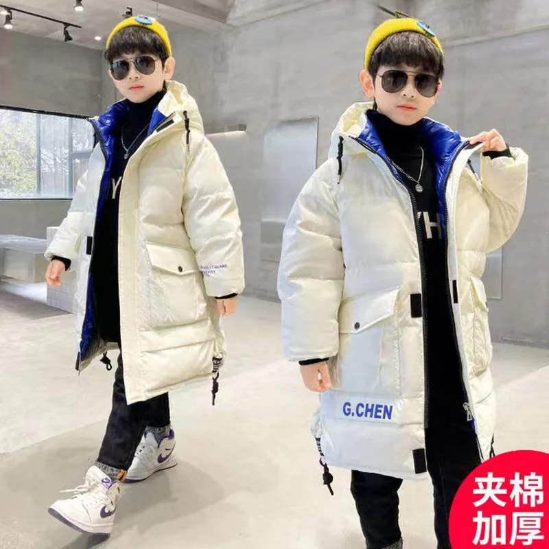 Boys Winter Cotton Coat New Korean Version Mid Size Childrens Trendy Thickened Winter Childrens Mid length Free Wash Cotton Coat