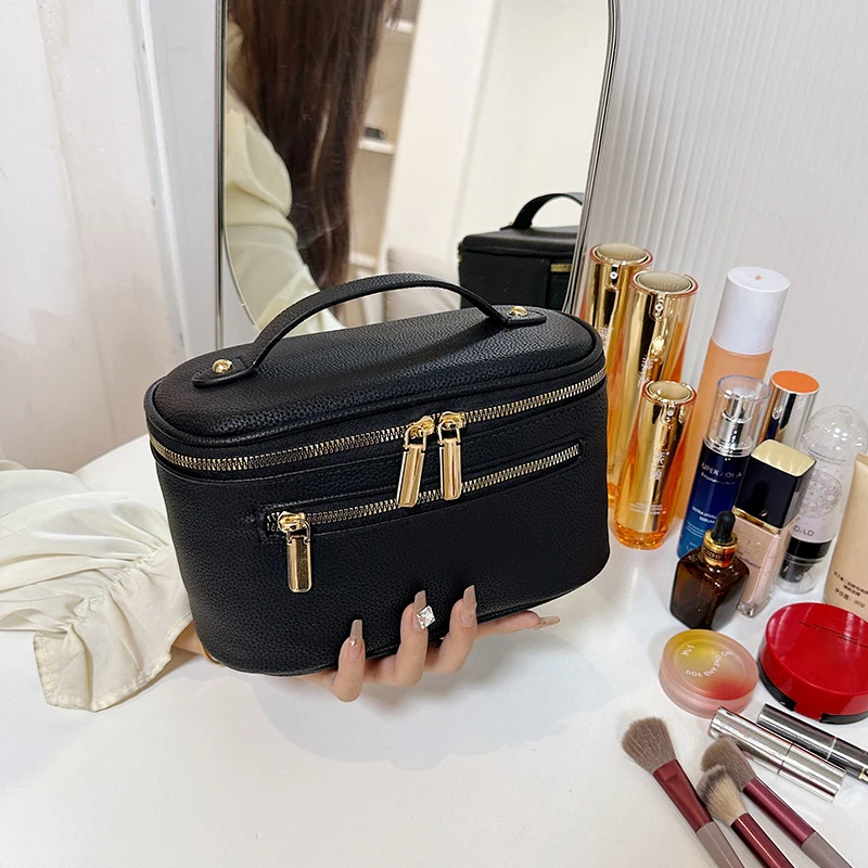 Women's Makeup Bag PU Waterproof Cosmetic Handbags Portable Partition Storage Bags Solid Color Versatile Travel Toilet Pouch