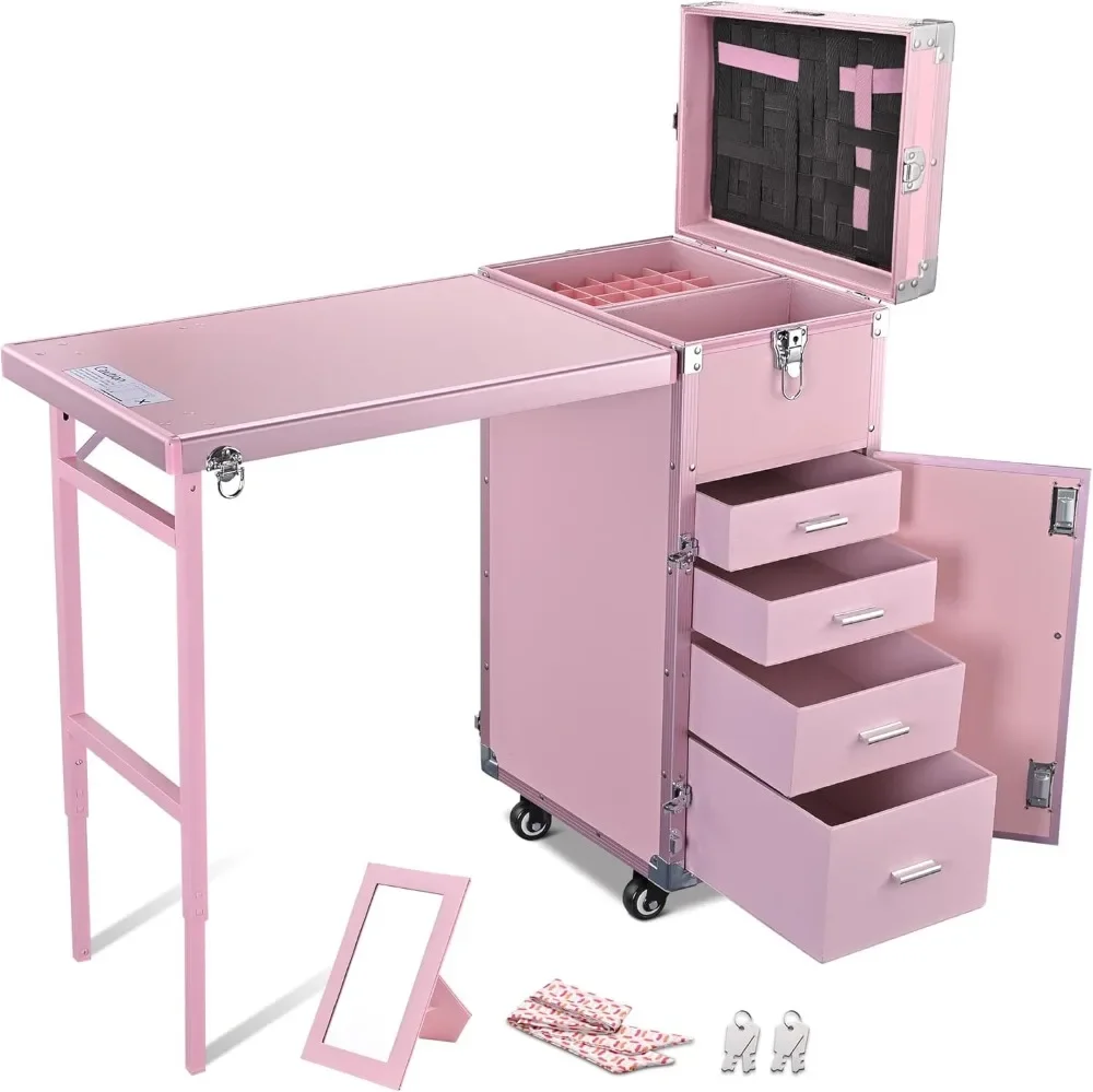 

BYOOTIQUE Rolling Manicure Table Foldable Nail Table Makeup Train Case with Desk Cosmetic Trolley Travel Storage Organizer