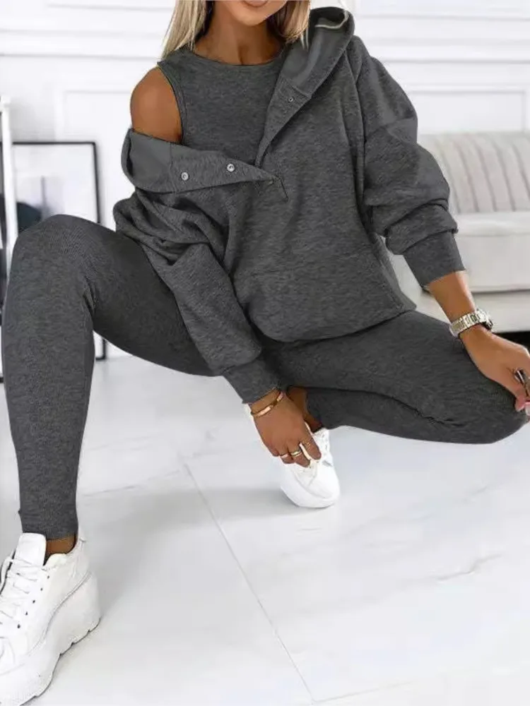 Autumn Winter Hoodie Women Casual Long Sleeve Vest Suit Solid Color Fashion Loose Sports Small Feet Trousers Female 3 Piece Set