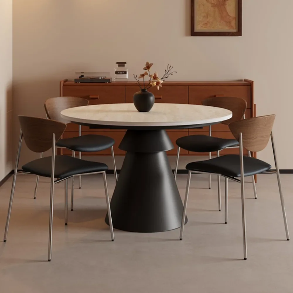 Retro medieval retractable round dining table travertine rock slab small apartment foldable stretch oval Japanese household