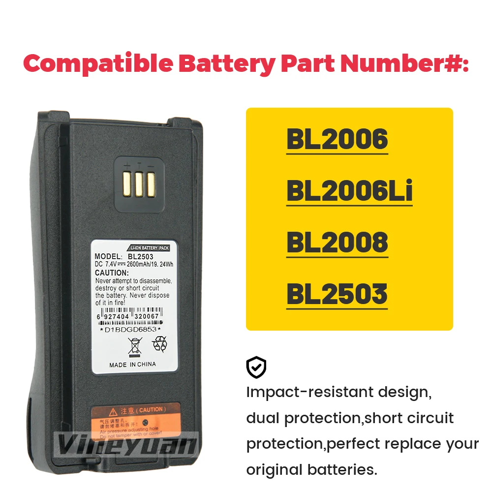 Batterie de remplacement pour radios bidirectionnelles, 2600mAh, BL2503, Eddie ion, HYTERA, DMR, PD700, PDanalystes, PD785, PD785G, BL2006, BL2008