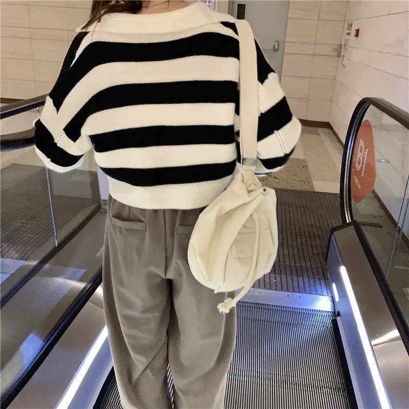 Turn-down Collar Contrast Color Long Sleeve Pullover Sweater Knitted Striped Casual Women\'s Clothing Spring Autumn Trendy Tops