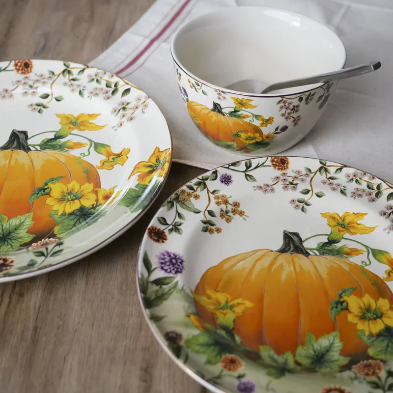 Ceramic Pumpkin Garden Style Harvest Season Fancy Dinner Plate Salad Bowl