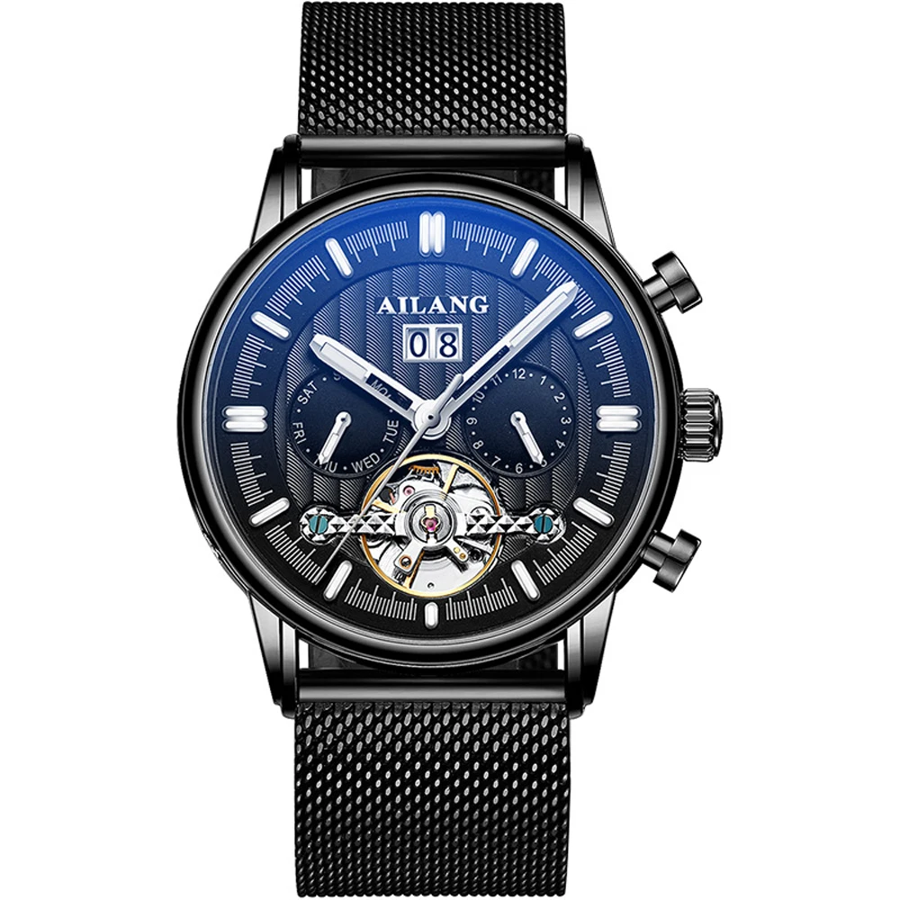 AILANG Brand Men Automatic Mechanical Watch Men Leather Strap Skeleton Tourbillon Mechanical Fashion Wristwatch Relogio