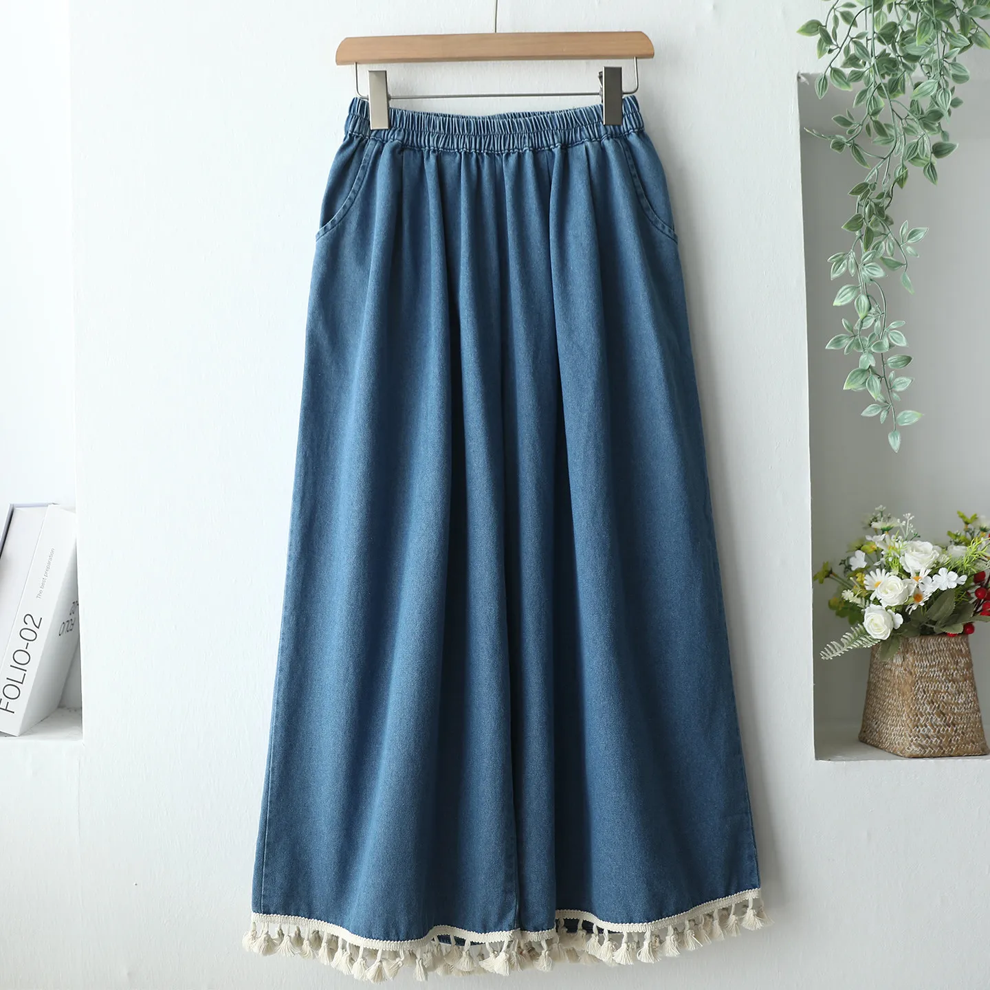 

Japanese Vintage Mori Girl Lace Tassel Hem Denim Wide Leg Pants Women Summer New Elastic Waist Casual Loose Straight Jeans