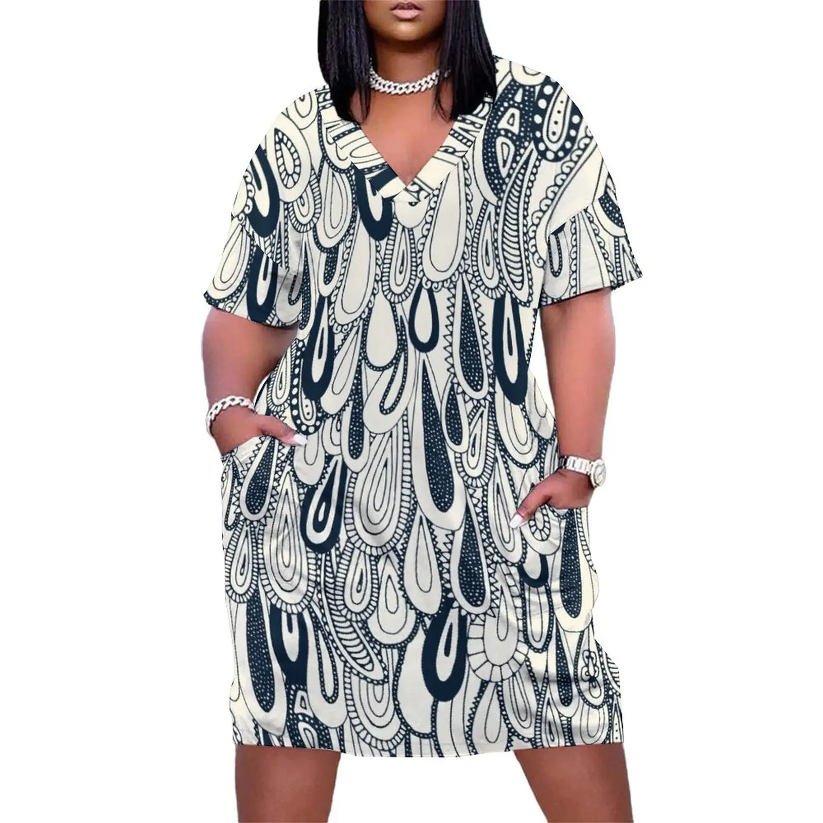 

droplets indigo pearl Loose Pocket Dress elegant women's sets Female clothing