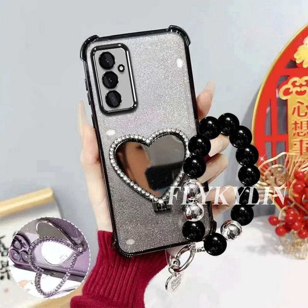 For Samsung A51 A31 A21S A50 A20 A30 A70 A71 Note 20 10 Black And White Chain Soft Shell For Folding Heart Shaped Mirror Bracket