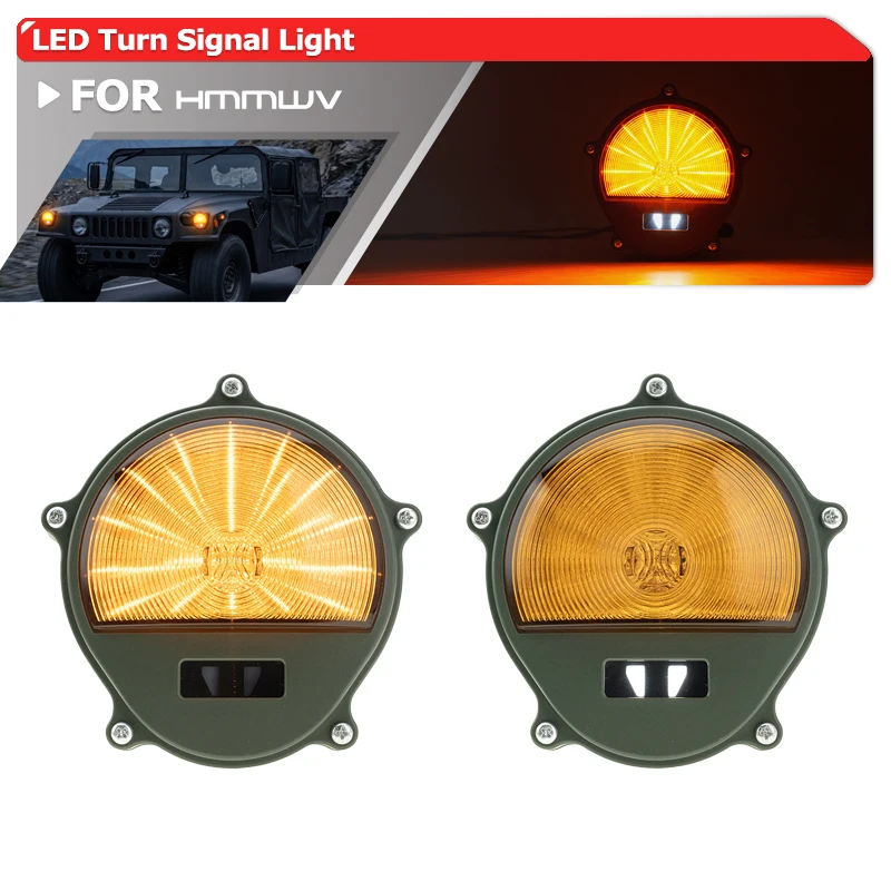 2x LED Front Amber Turn Signal Lights Green 24V For M Series HMMWV HUMVEE Models M35 M998 M1025 M1026 etc