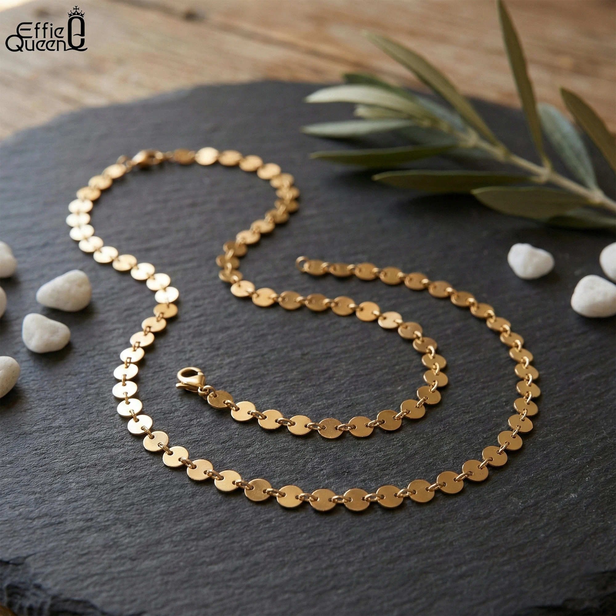 

Effie Queen 925 Pure Silver 14k Gold Round Disc Chain Choker Necklace Simple Jewelry for Women, Men Banquet Party Birthdays SC80