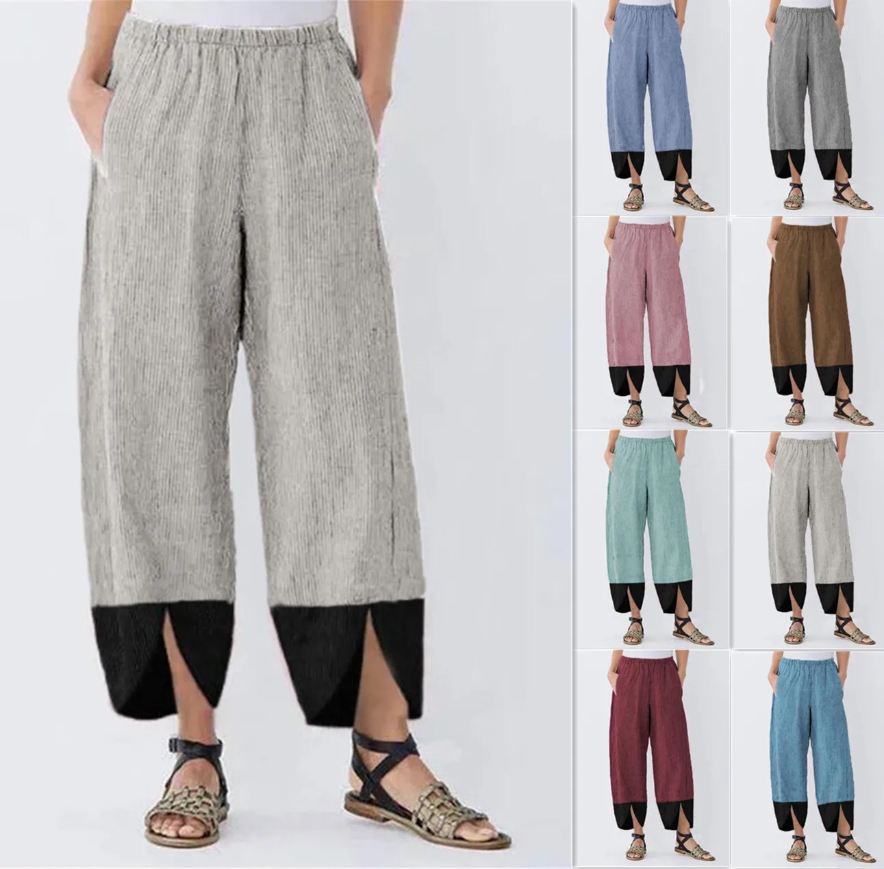 

2025 Women's Pants Elastic Waist Pinstripe Color Bundle Fashion Versatile Basic 9-point Pants