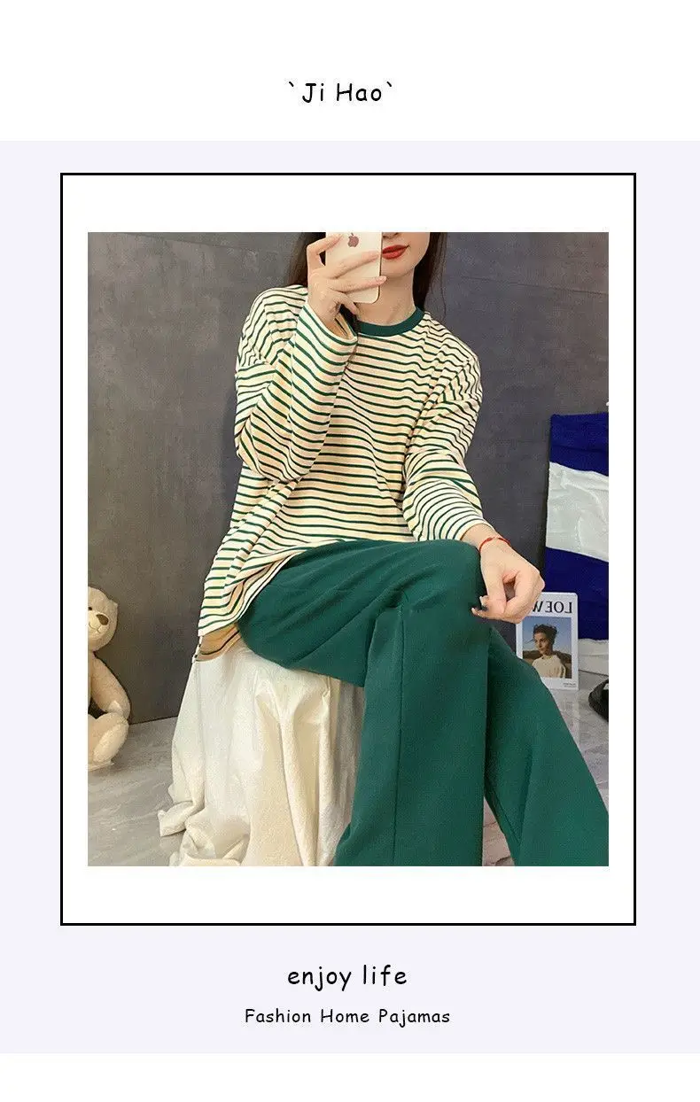 Damen-Herbst-Pyjama mit Brustpolstern, gestreift, langärmelig, Übergröße, O-Ausschnitt, schlicht, lässig, modisch, koreanischer Schulpyjama, Homewear – Detail 11