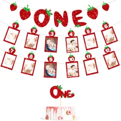 Strawberry One Cake Topper Birthday Flags Monthly Baby Photos Strawberry Party Banners Cake Baking Decor Supplies DIY