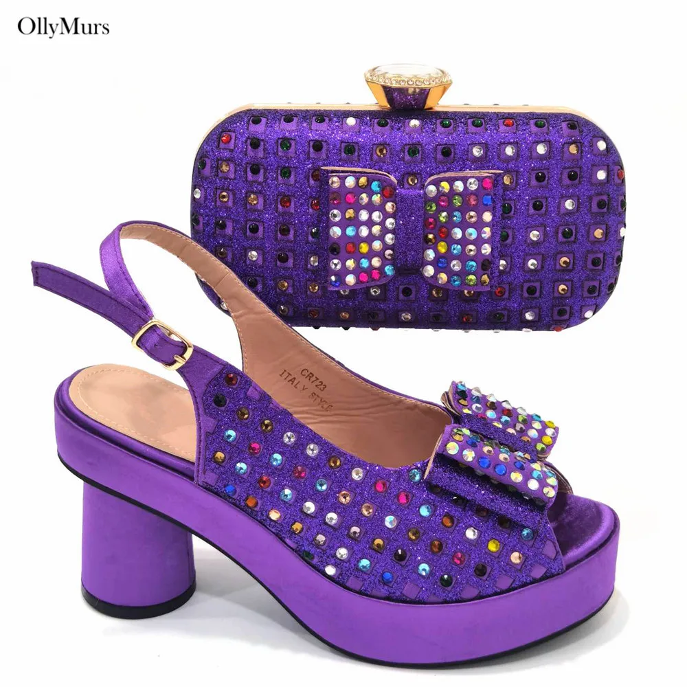 

Hot Selling Elegant Crystal Strang Style Shoes And Bag Set Latest African High Heels Shoes And Bag Set For Wedding Party