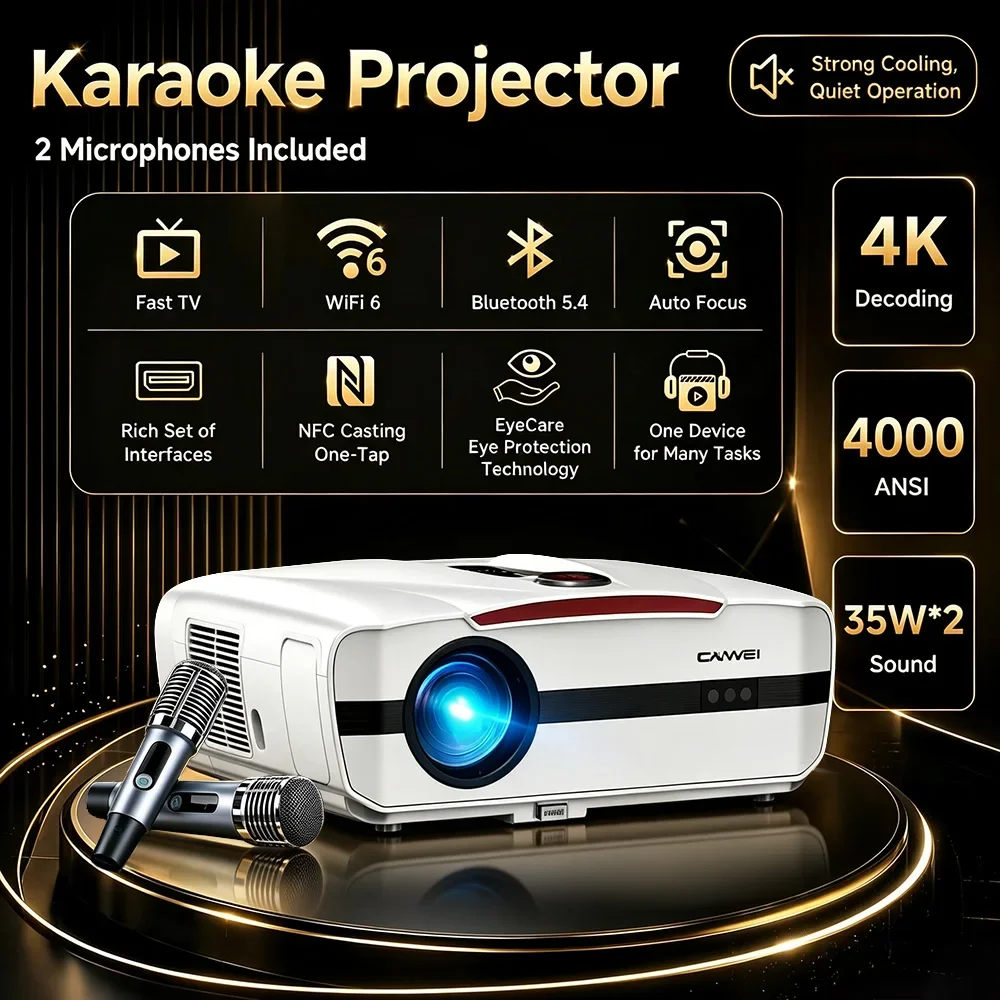 4K Projector 4000ANSI Karaoke Home Theater with 2 Mics Full 1080P FastTV Auto Focus Auto Keystone WiFi6 Bluetooth5.4 Home Cinema