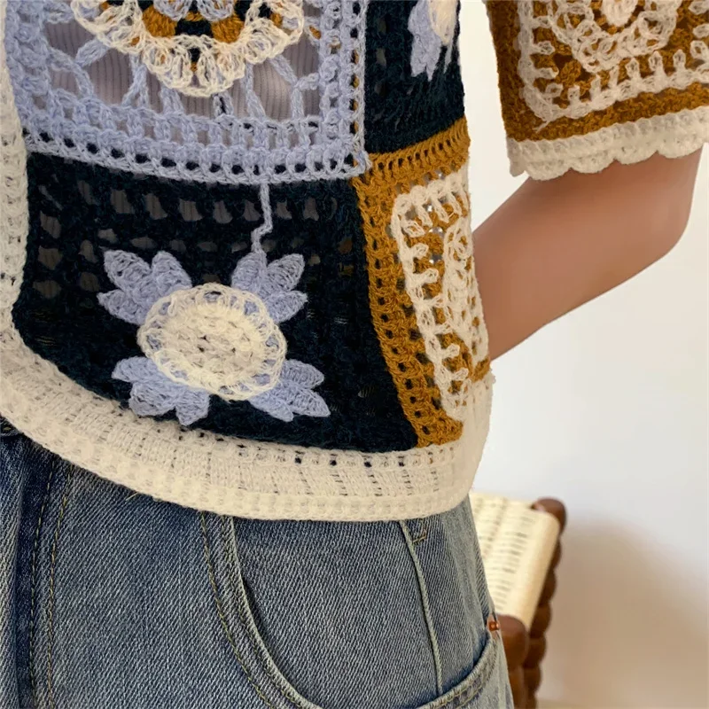 Crochet Knit Top Women Colorblock Open-Knit Button Front Short Sleeve Hollow Out Flower Embroidery Crop Top Cottagecore