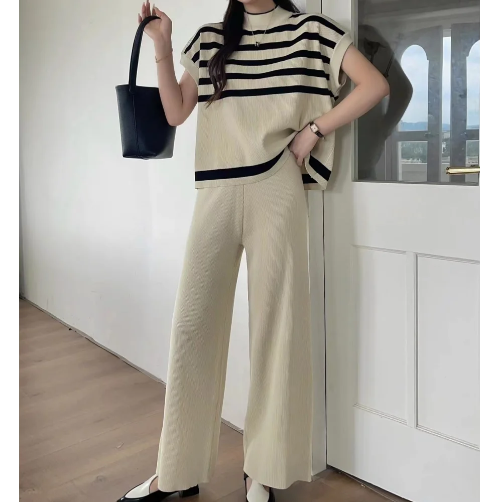 2024 New Elegant 2-piece Sets For Women Sweater Casual Pullovers Suits Knitted Loose Striped Sleeveless Tops Wide Leg Pants Sets