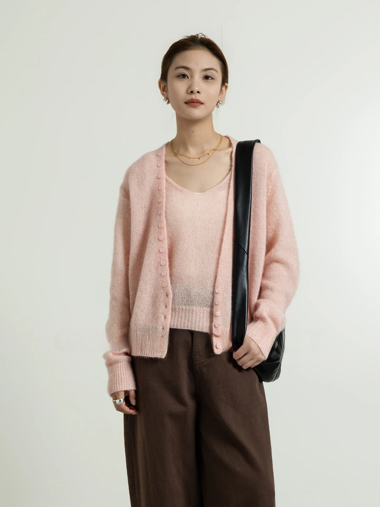 

Geometric Single V-Neck Knitted Two-Piece Set Wool And Mohair Blend Long Sleeve Cardigan And Vest Breathable Spring Fashion